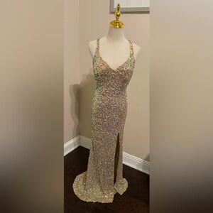090 Primavera Gold Sequin Evening Gown